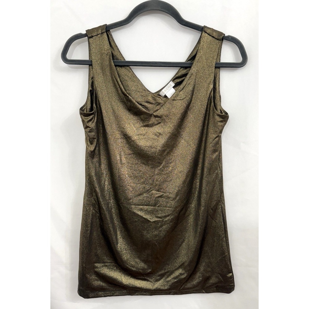 VTG Cache Metallic Gold Sleeveless V-Neck Top Tank Y2K Stretch Party Womens S